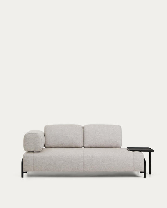 Divano Compo 2 posti beige grigiastro con vassoio grande e struttura in metallo nero 200 cm