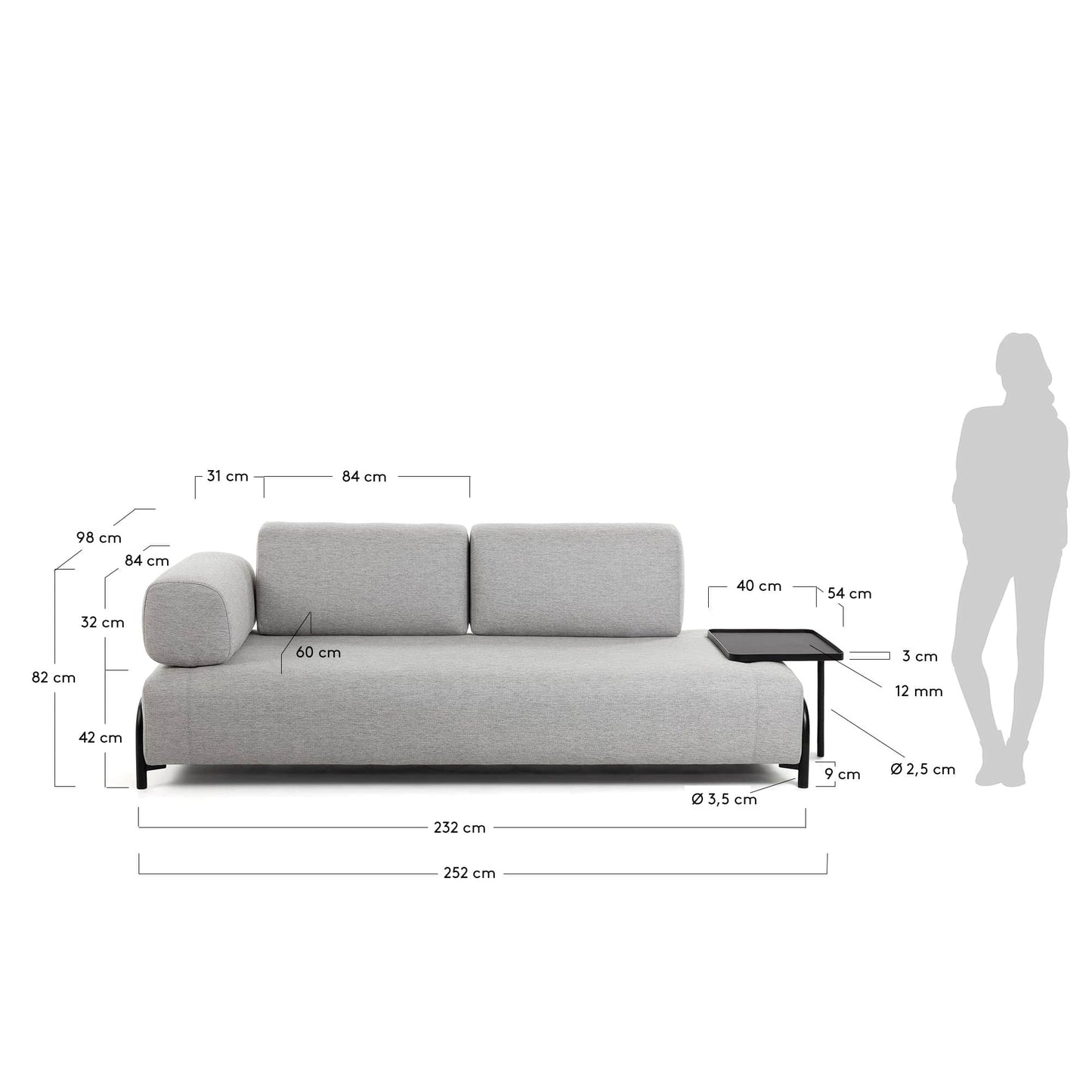 Divano Compo 3 beige grigio posti con vassoio grande 252 cm