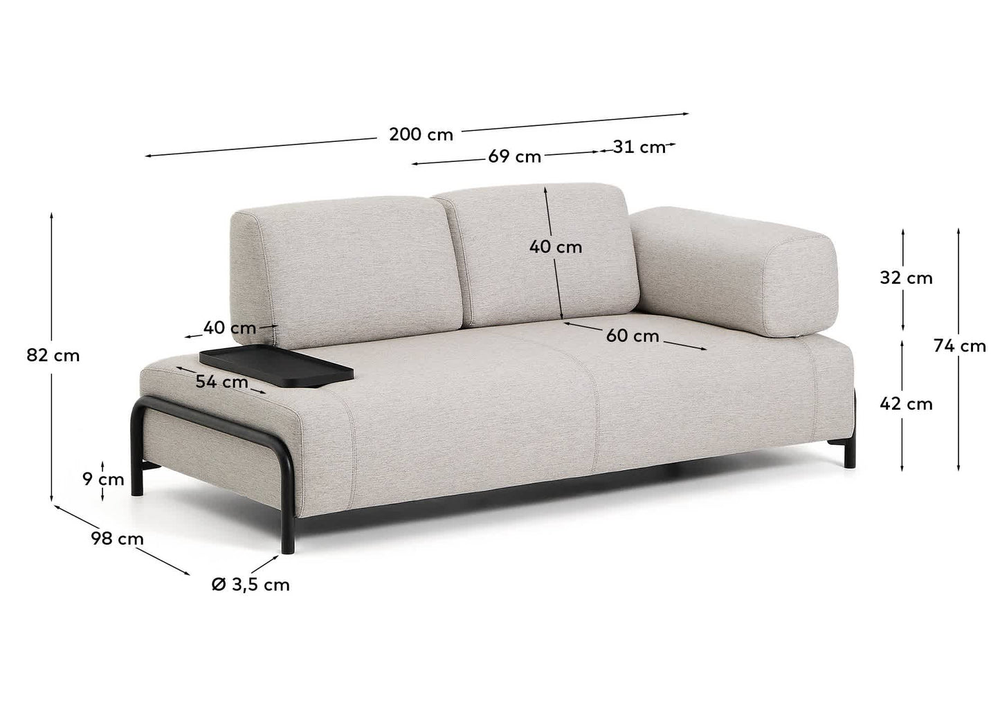 Divano Compo 2 posti beige grigiastro con vassoio piccolo e struttura in metallo nero 200 cm