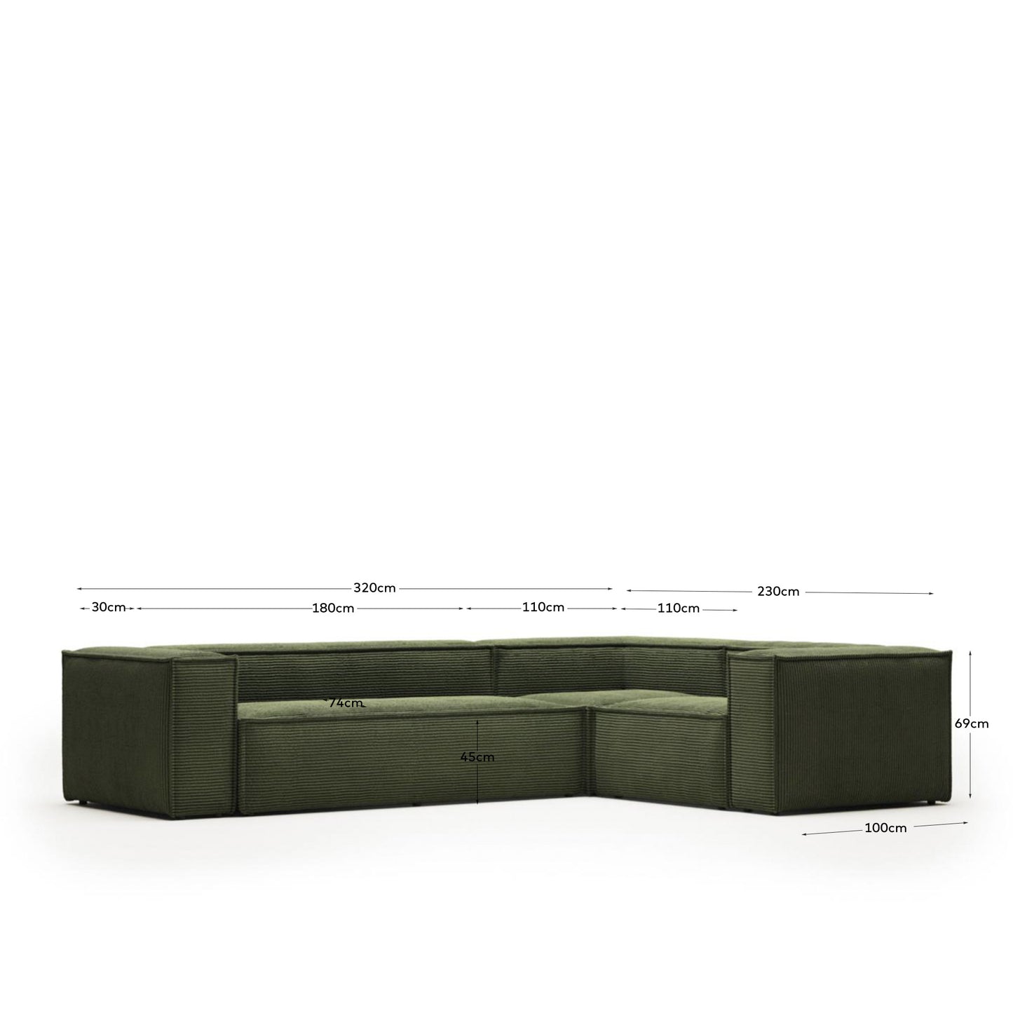 Divano ad angolo Blok 4 posti in velluto a coste spesse verde 320 x 230 cm / 230 x 320 cm