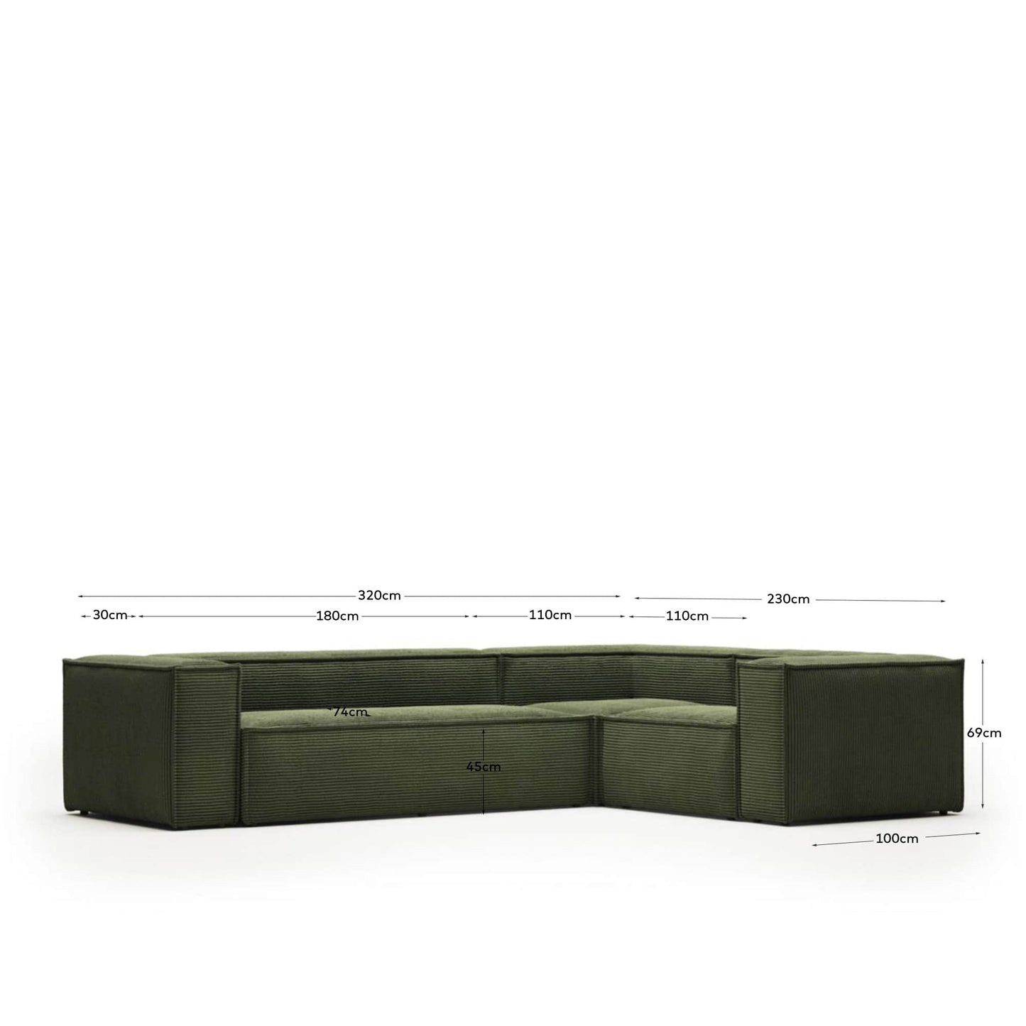 Divano ad angolo Blok 4 posti in velluto a coste spesse verde 320 x 230 cm / 230 x 320 cm