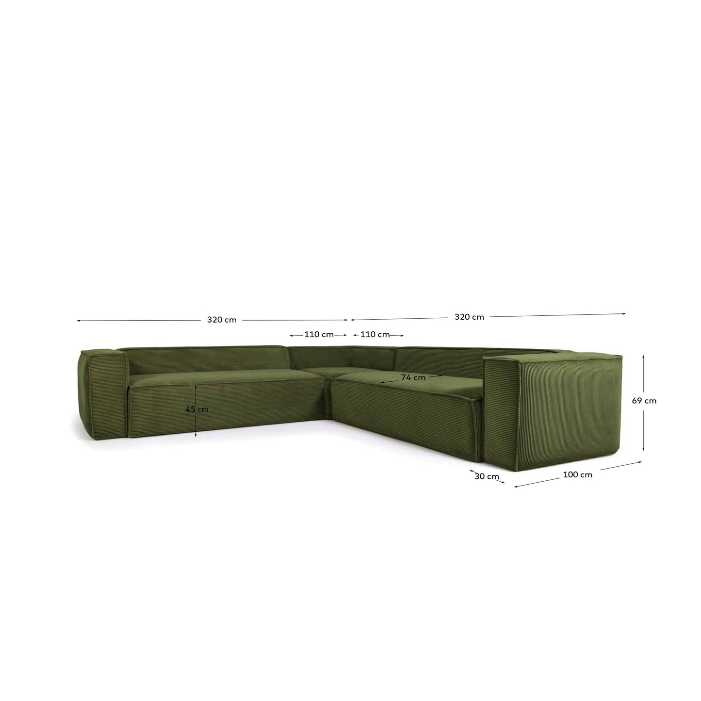 Divano ad angolo Blok 6 posti a coste spesso verde 320 x 320 cm