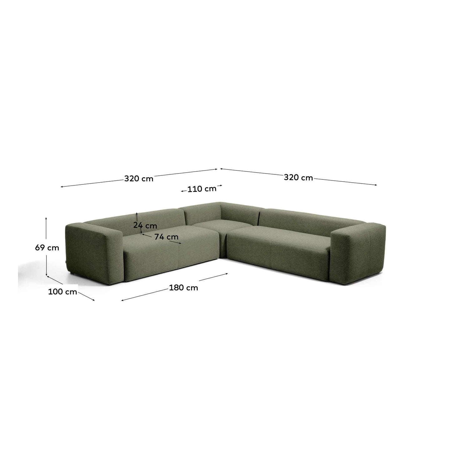 Divano ad angolo Blok 5 posti in ciniglia verde muschio 320 x 320 cm FSC Mix Credit