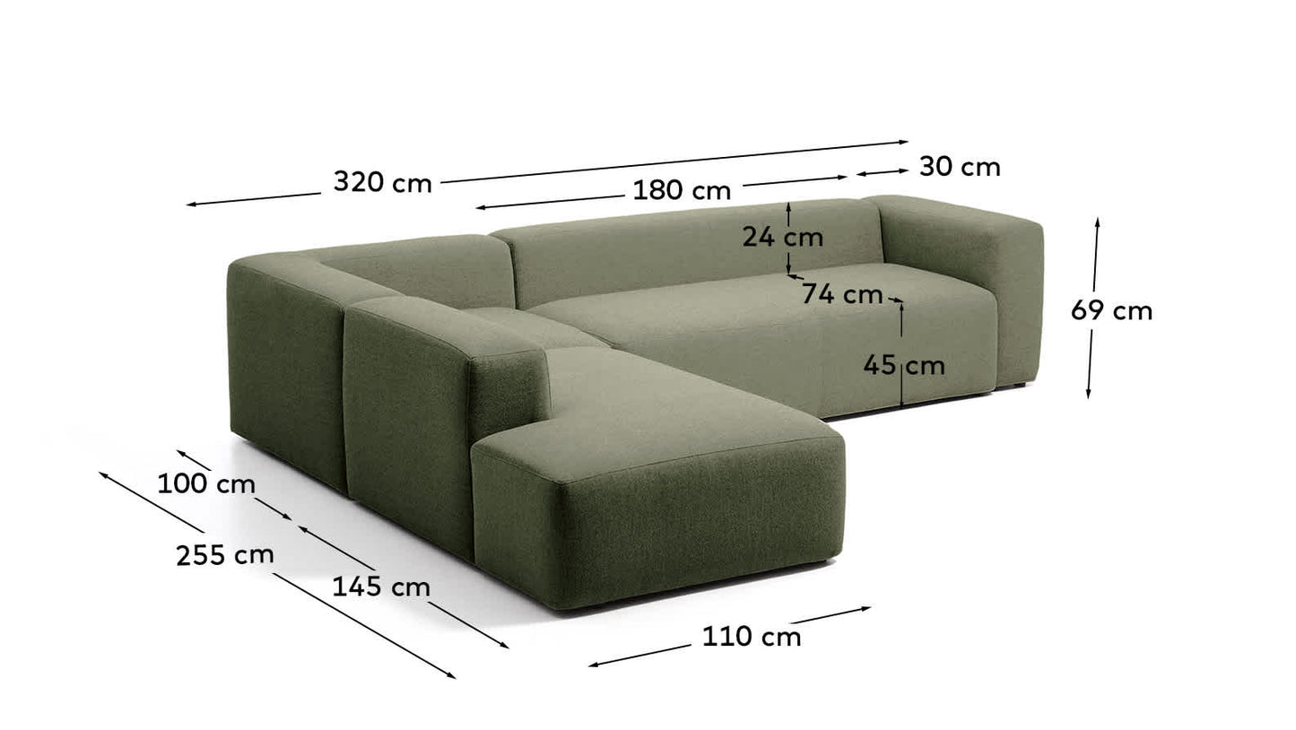 Divano ad angolo Blok 5 posti con terminale sinistro in ciniglia verde muschio 255 x 320 cm FSC Mix Credit