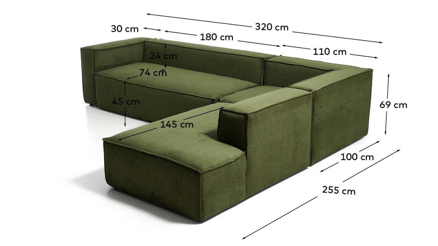 Divano ad angolo Blok 5 posti con terminale destro in velluto a coste spesso verde 320 x 255 cm FSC Mix Credit