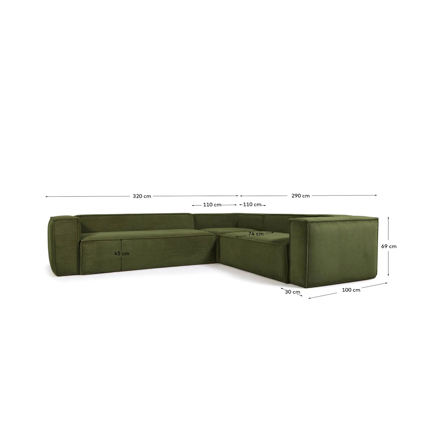 Divano ad angolo Blok 5 posti in velluto a coste spesso verde 320 x 290 cm/290 x 320 cm