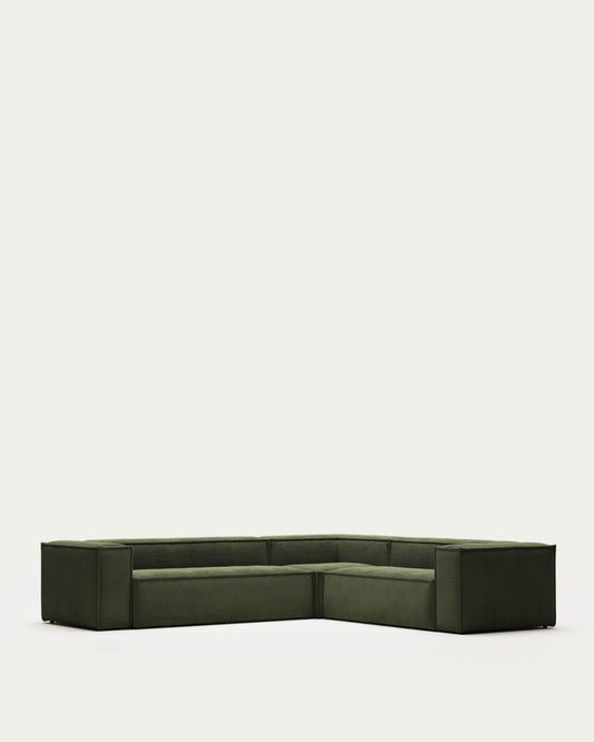 Divano ad angolo Blok 5 posti in velluto a coste spesso verde 320 x 290 cm/290 x 320 cm