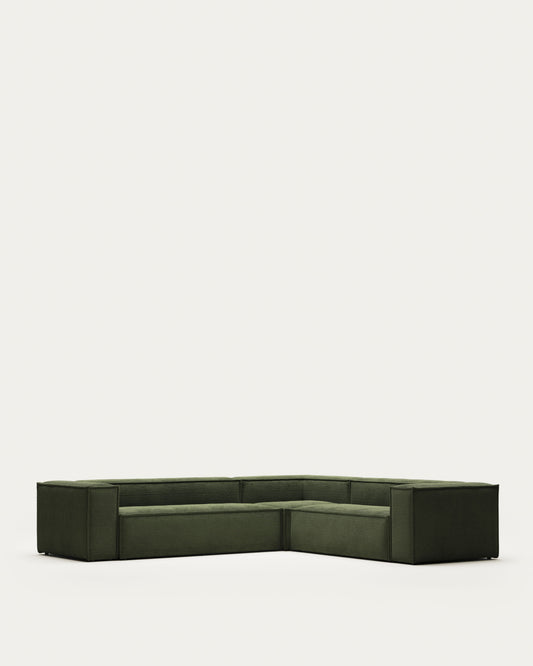 Divano ad angolo Blok 5 posti in velluto a coste spesso verde 320 x 290 cm/290 x 320 cm