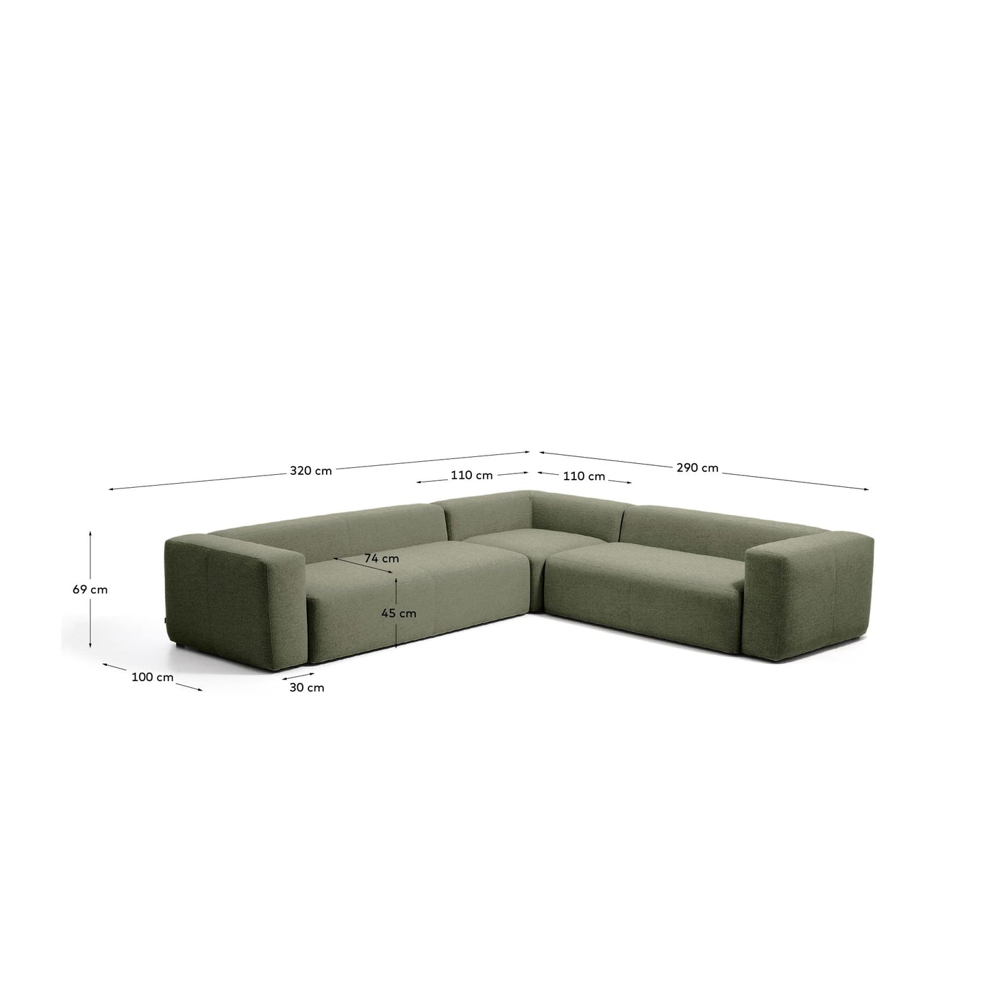 Divano ad angolo Blok 5 posti in ciniglia verde muschio 320 x 290 cm / 290 x 320 cm FSC Mix Credit