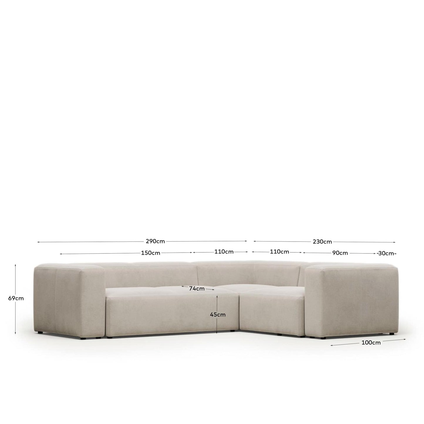 Divano ad angolo Blok 3 posti ignifugo in velluto a coste spesso écru 290 x 230 cm/230 x 290 cm FSC Mix Credit