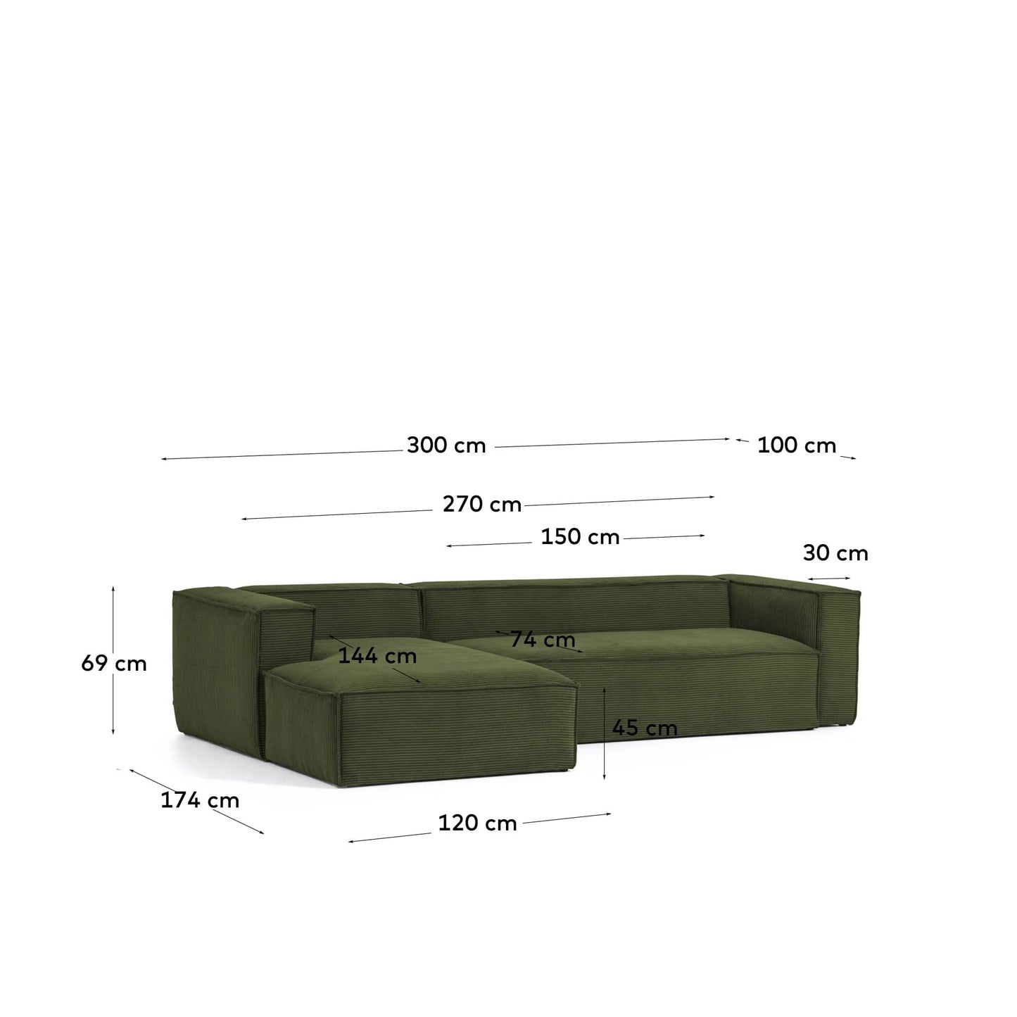 Divano Blok 3 posti chaise longue sinistra in velluto a coste spesse verde 300 cm