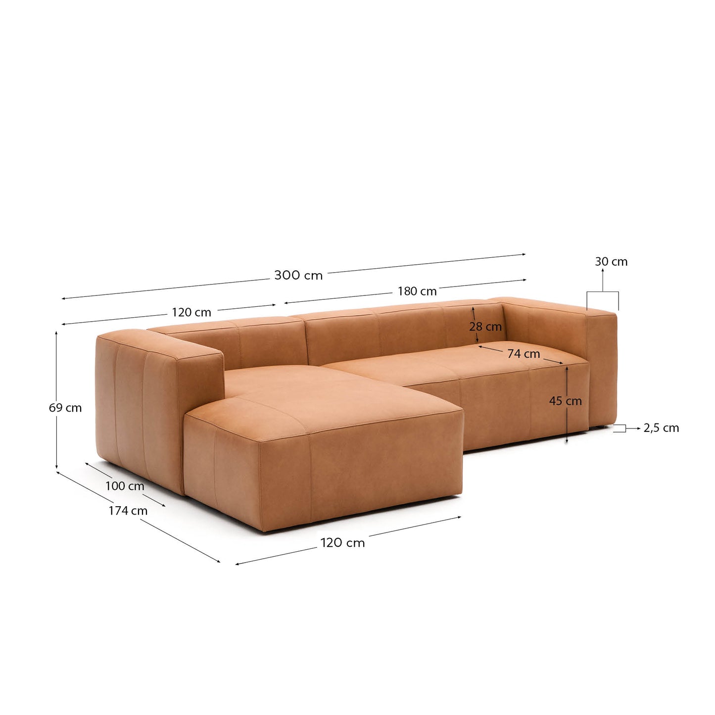 Divano Blok in pelle marrone a 3 posti con chaise longue a sinistra 300 cm