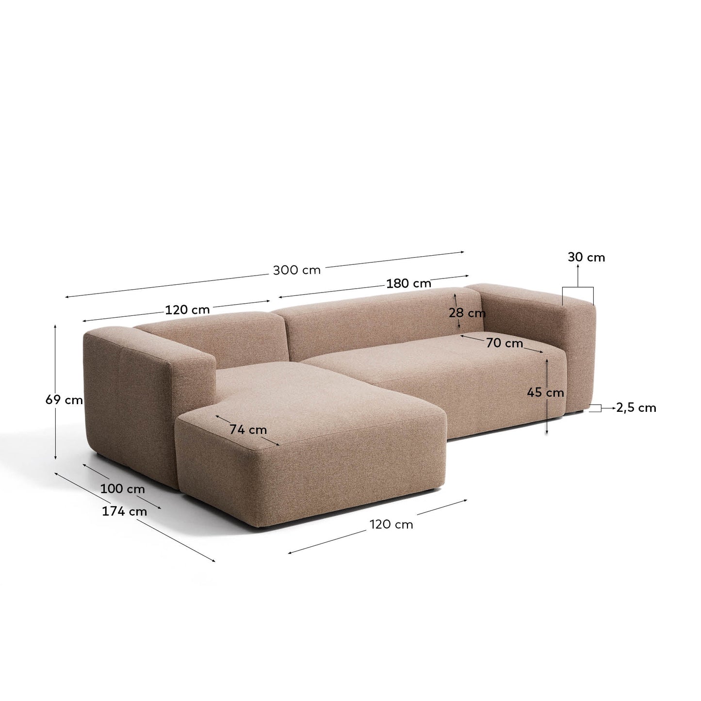 Divano Blok 3 posti in ciniglia marrone con chaise longue sinistra 300 cm FSC Mix Credit