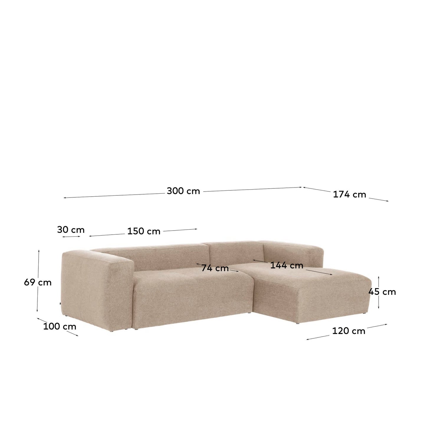 Divano Blok 3 posti chaise longue destra beige 300 cm