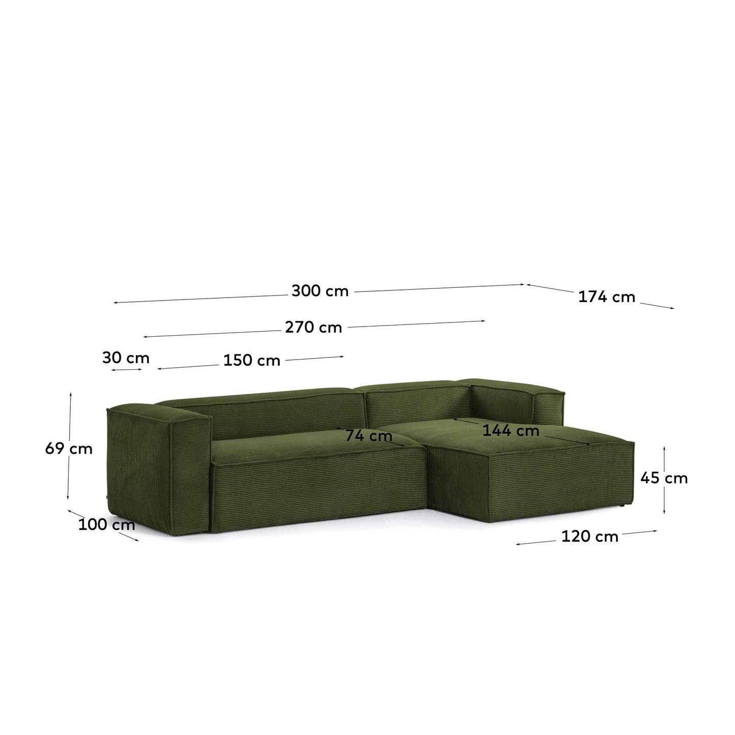 Divano Blok 3 posti chaise longue destra in velluto a coste spesse verde 300 cm
