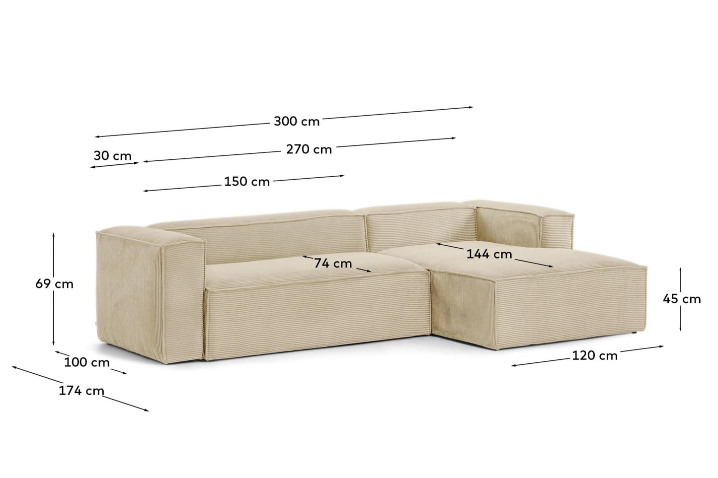 Divano Blok 3 posti in velluto a coste spesso color naturale con chaise longue destra 300 cm FSC Mix Credit