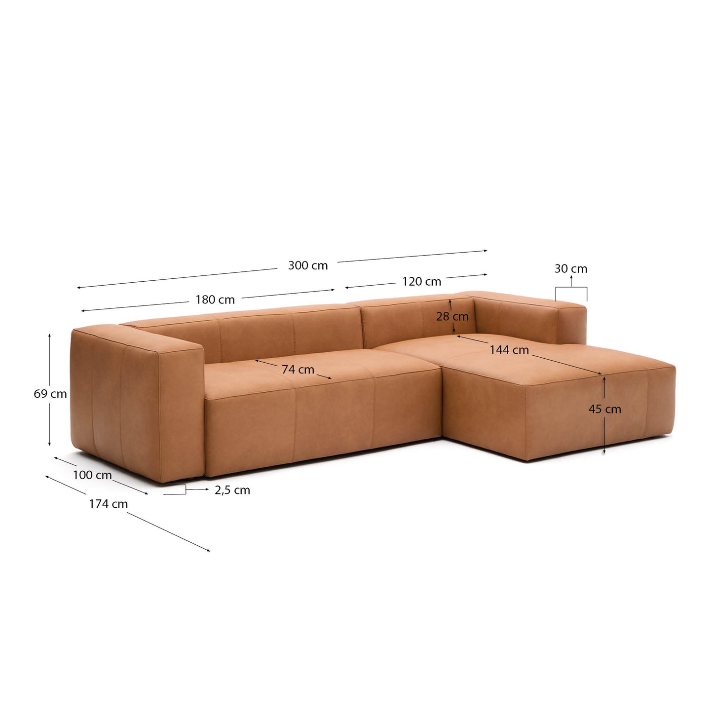 Divano Blok in pelle marrone a 3 posti con chaise longue a destra 300 cm