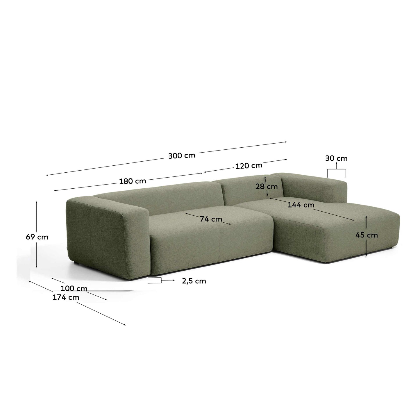 Divano Blok 3 posti in ciniglia verde muschio con chaise longue destra 300 cm FSC Mix Credit