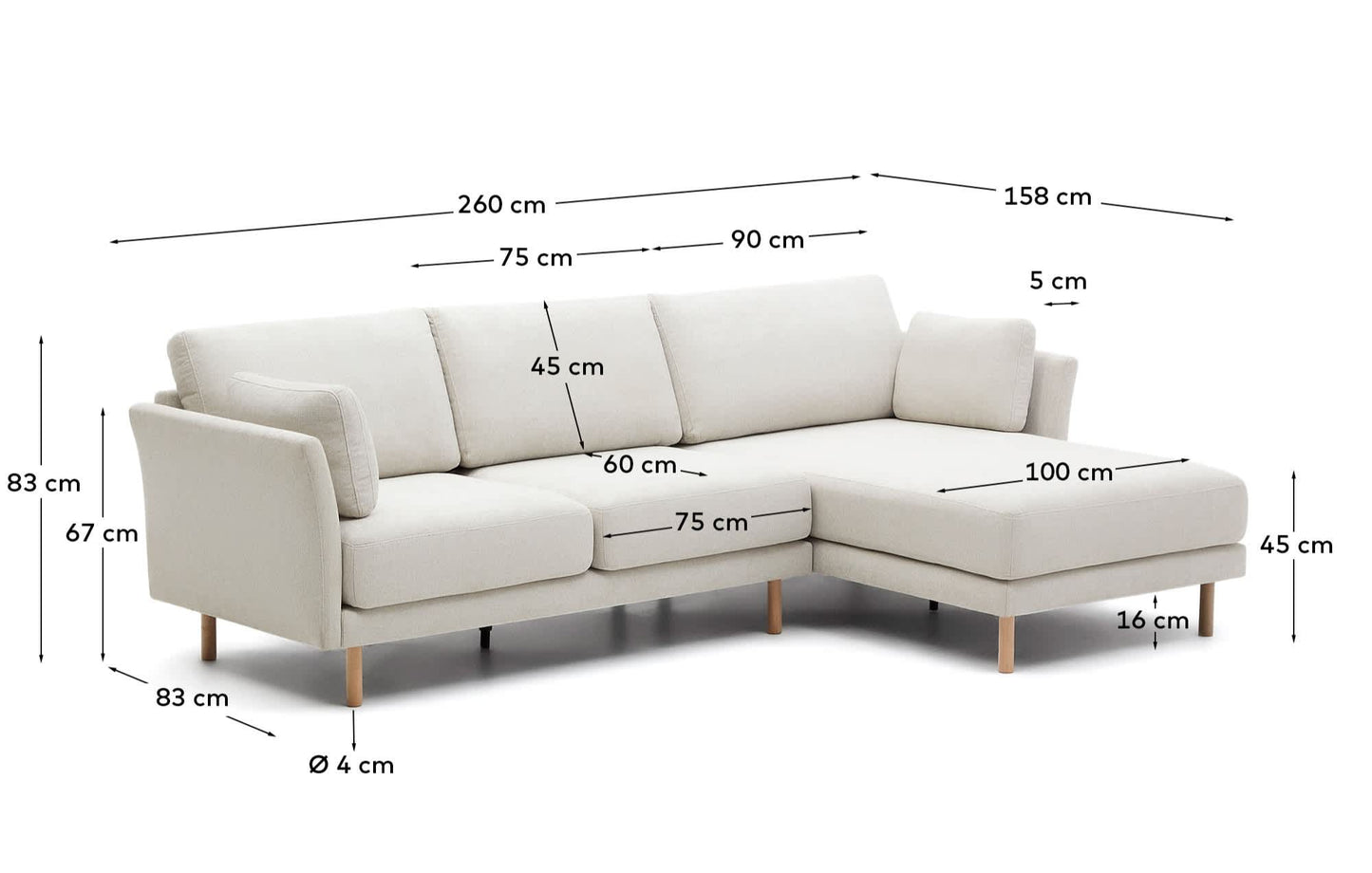 Divano 3 posti Gilma perla con chaise longue destra/sinistra e piedi naturali 261 cm