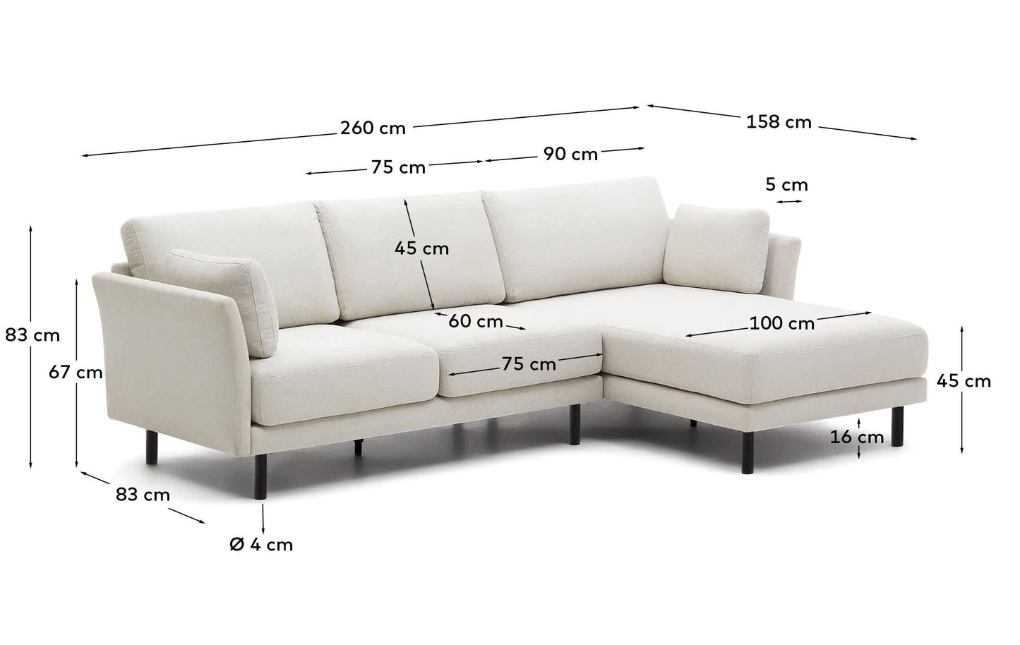 Divano 3 posti Gilma tessuto perla chaise longue destra/sinistra e piedi neri 261 cm