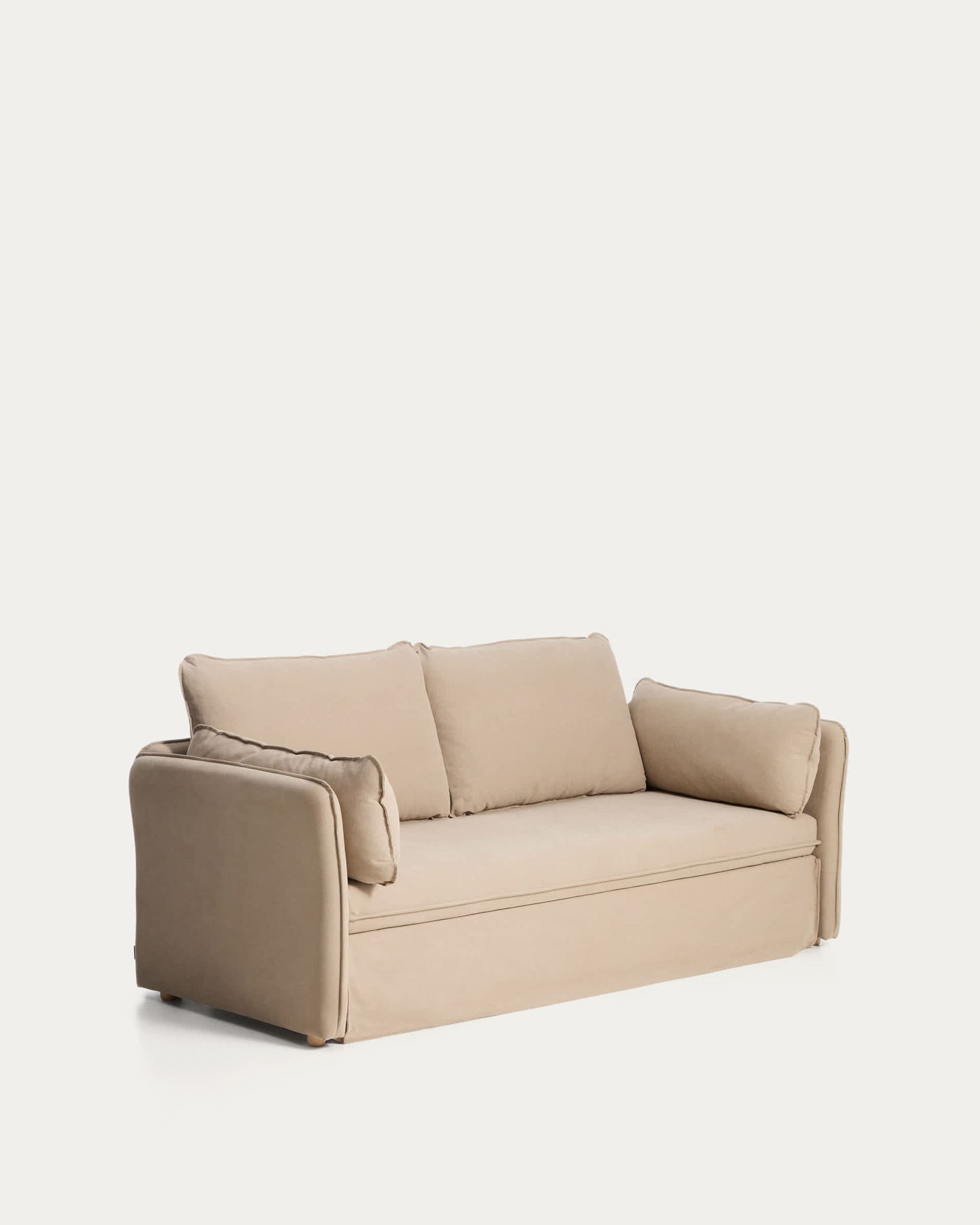 Divano letto Tanit beige con piedi in legno massello di faggio finitura naturale 210 cm