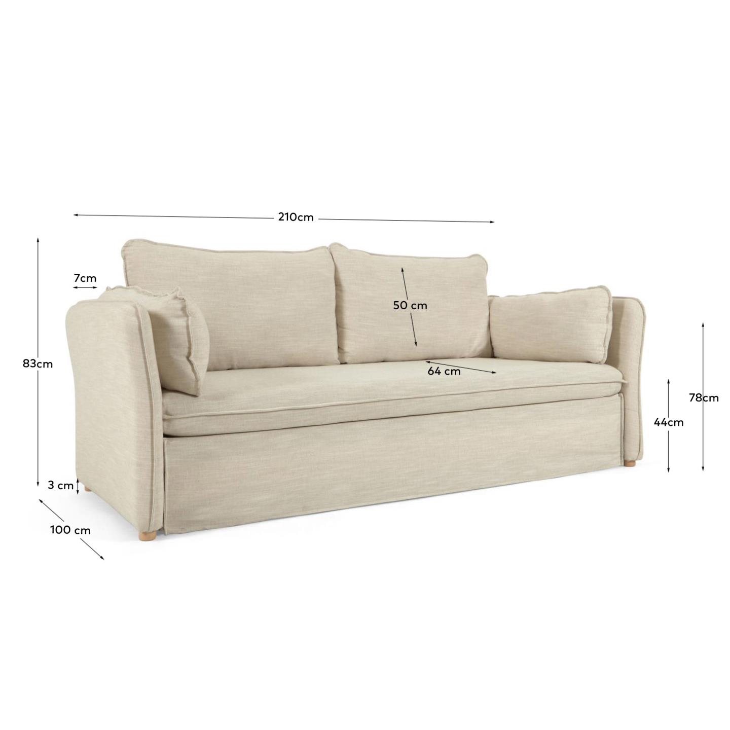 Divano letto Tanit bianco con piedi in legno massello di faggio finitura naturale 210 cm