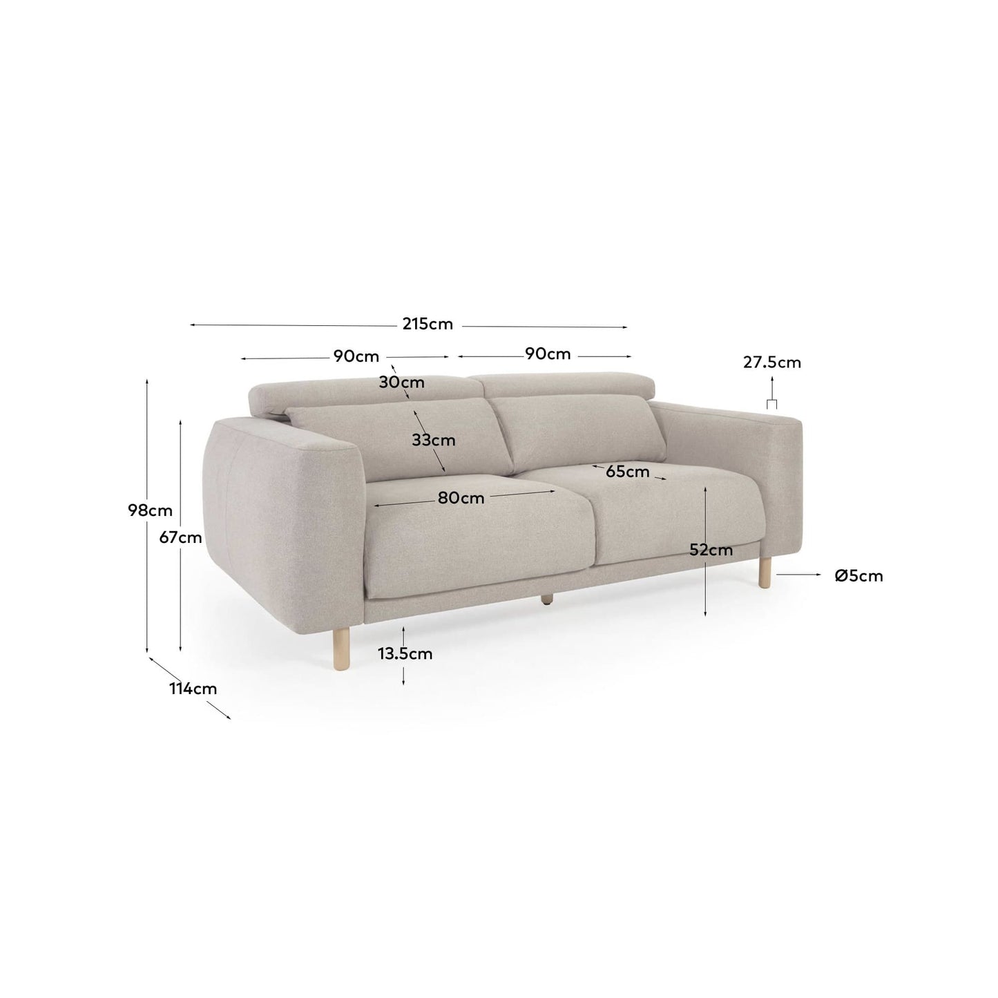 Divano Singa 3 posti con poggiatesta reclinabile e sedile allungabile beige 215 cm