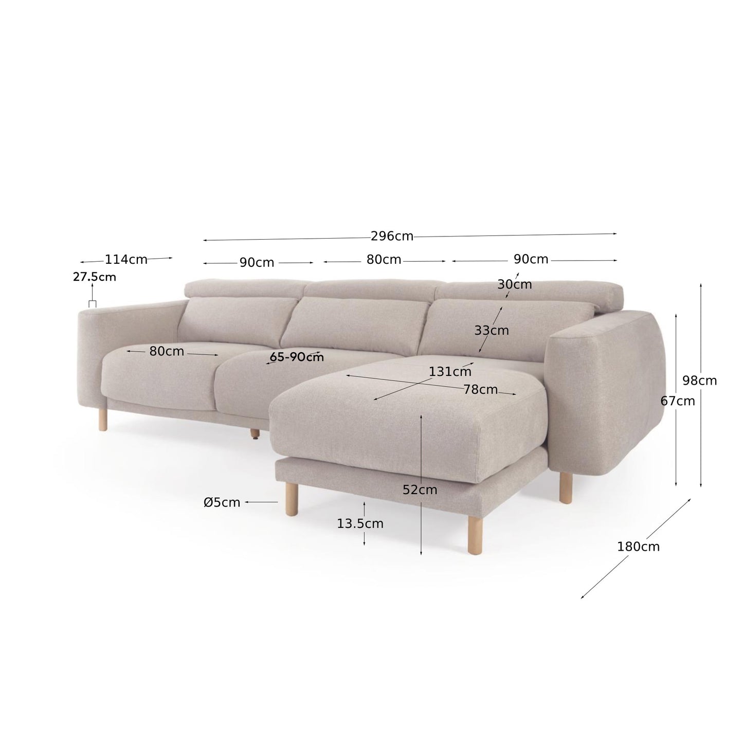 Divano Singa 3 posti con chaise longue destra, poggiatesta reclinabile e sedile allungabile beige 296 cm
