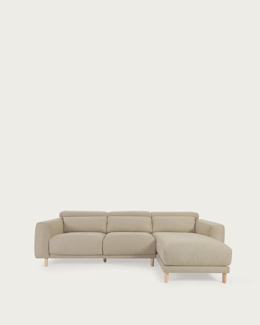 Divano Singa 3 posti con chaise longue destra, poggiatesta reclinabile e sedile allungabile beige 296 cm