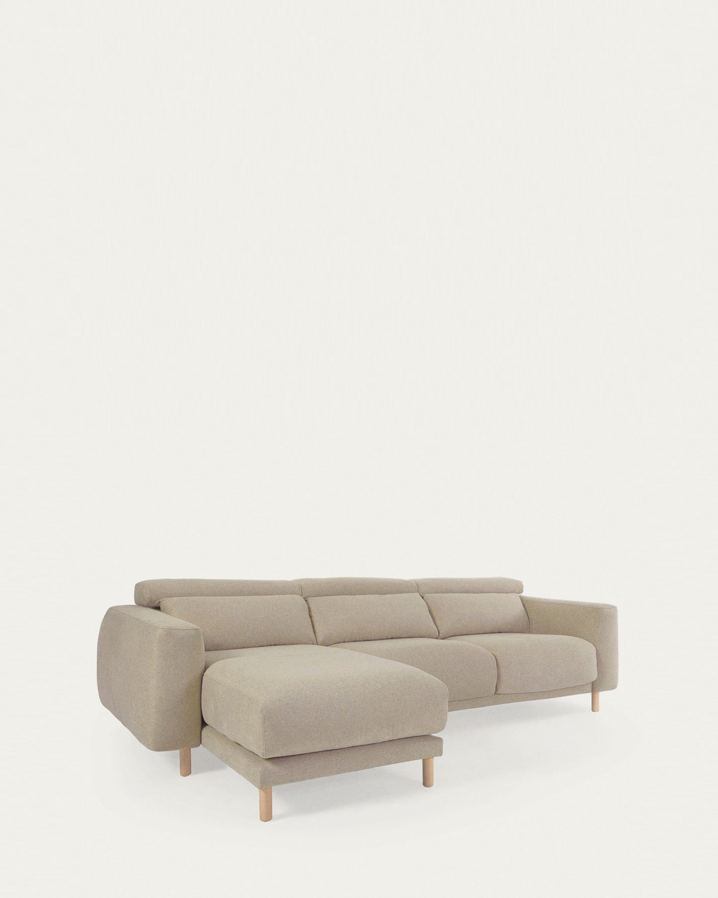 Divano Singa 3 posti con chaise longue sinistra, poggiatesta reclinabile e sedile allungabile beige 296 cm