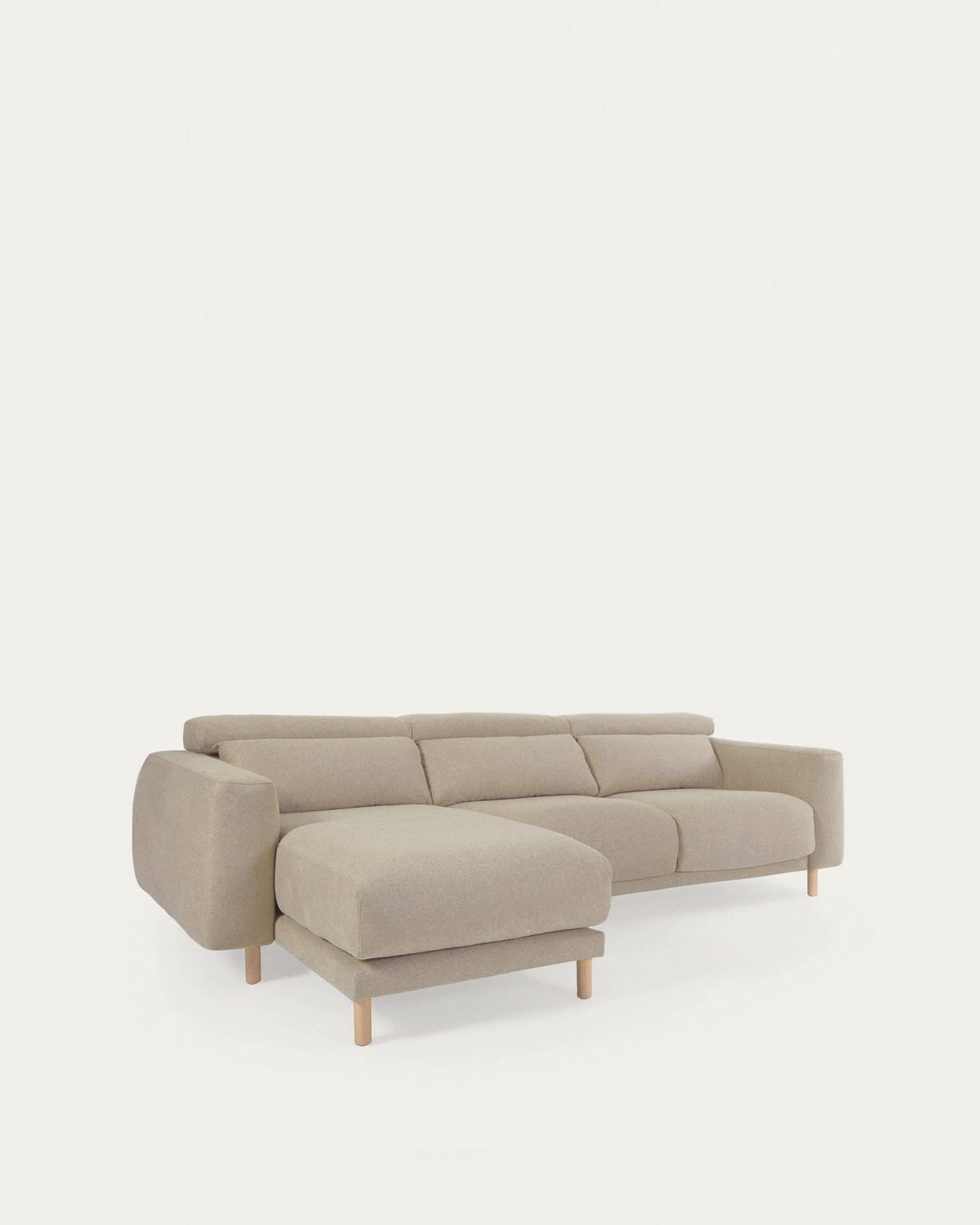 Divano Singa 3 posti con chaise longue sinistra, poggiatesta reclinabile e sedile allungabile beige 296 cm