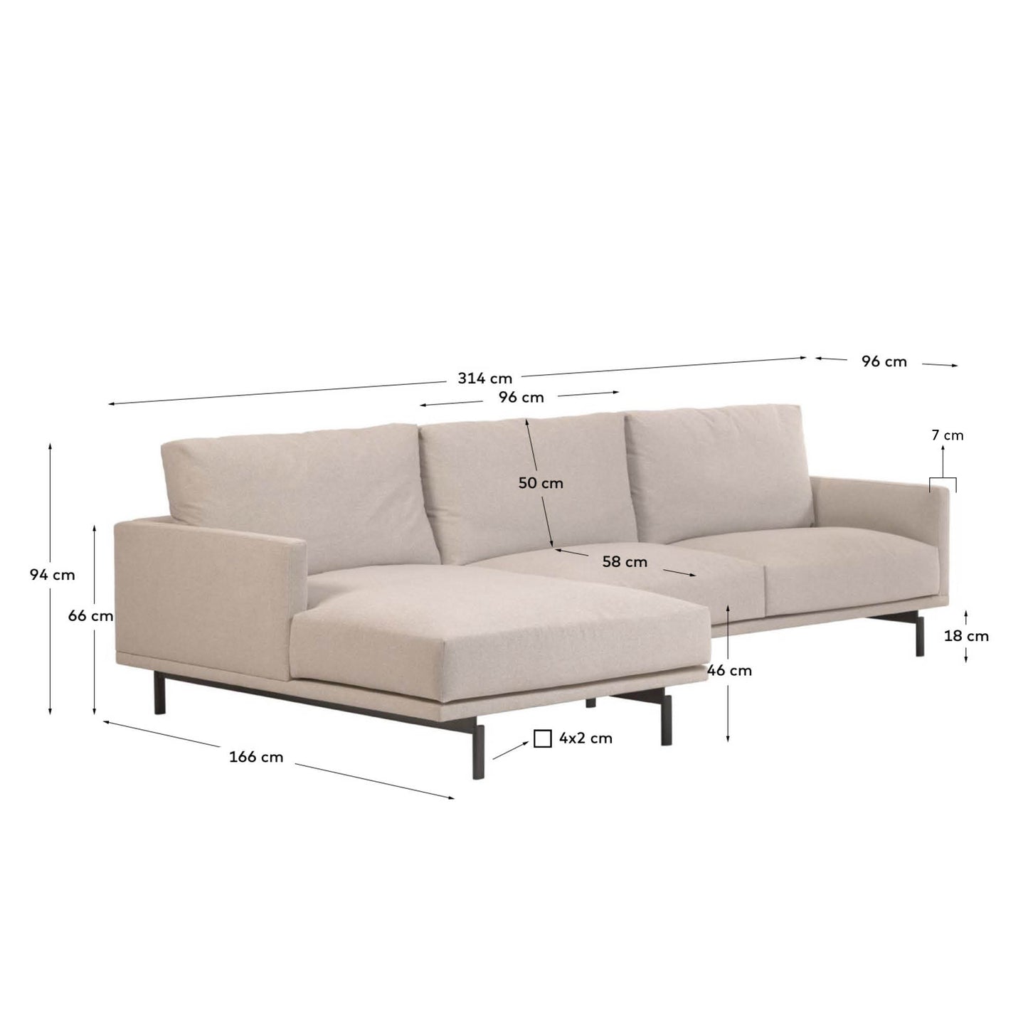 Divano Galene 4 posti con chaise longue sinistro beige 314 cm