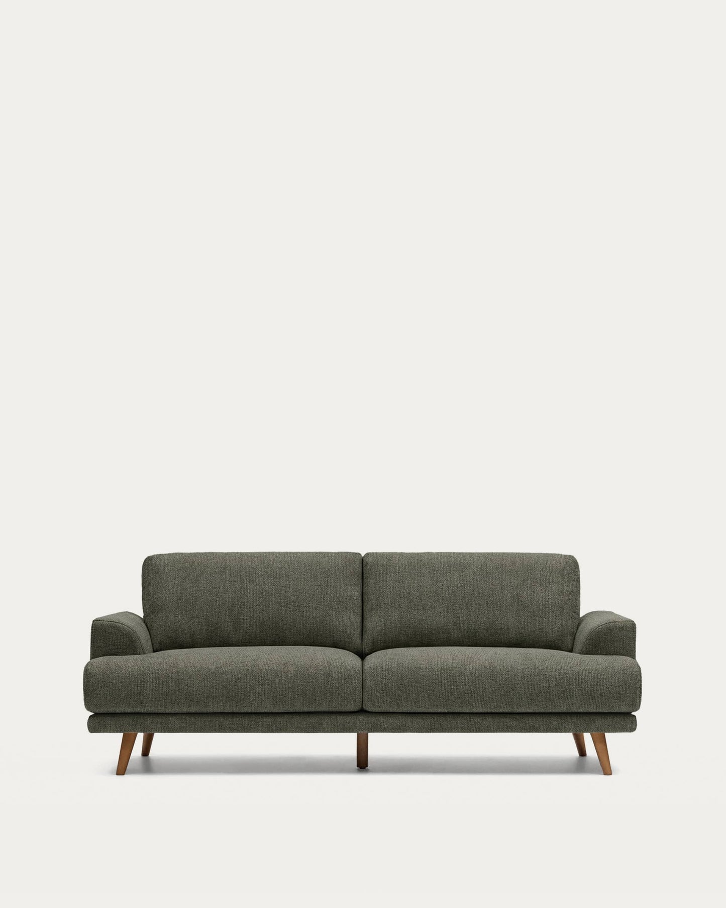 Divano Karin 2 posti in ciniglia verde scuro con gambe in legno di faggio massiccio con finitura tono noce 211 cm
