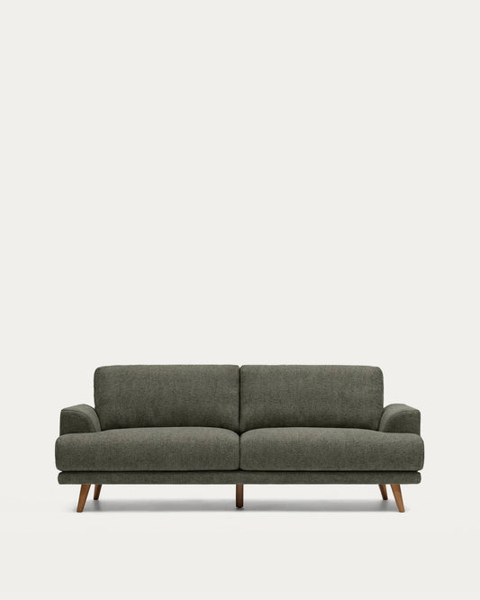 Divano Karin 2 posti in ciniglia verde scuro con gambe in legno di faggio massiccio con finitura tono noce 211 cm