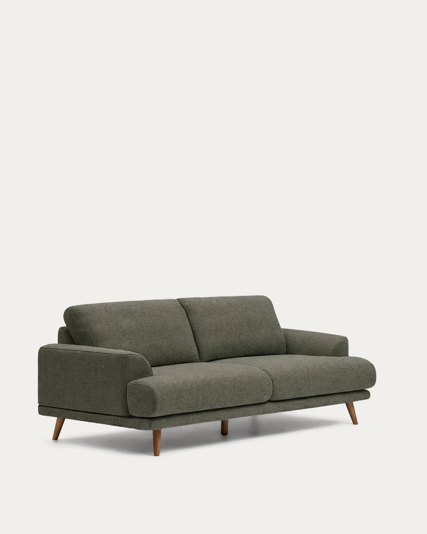 Divano Karin 2 posti in ciniglia verde scuro con gambe in legno di faggio massiccio con finitura tono noce 211 cm