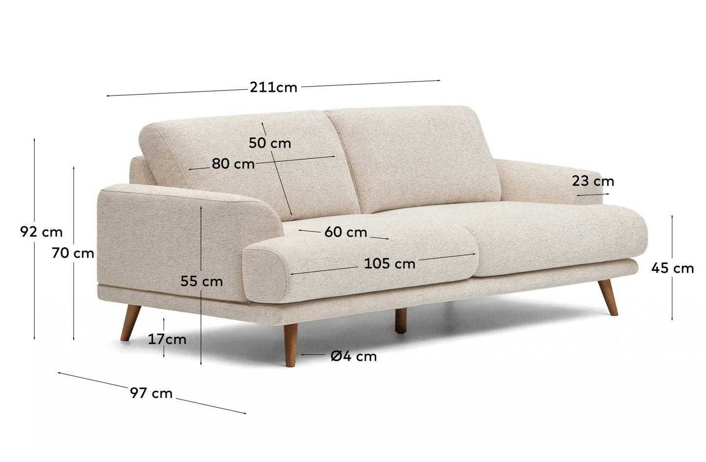 Divano Karin 2 posti in ciniglia beige con gambe in legno di faggio massiccio con finitura tono noce 210 cm