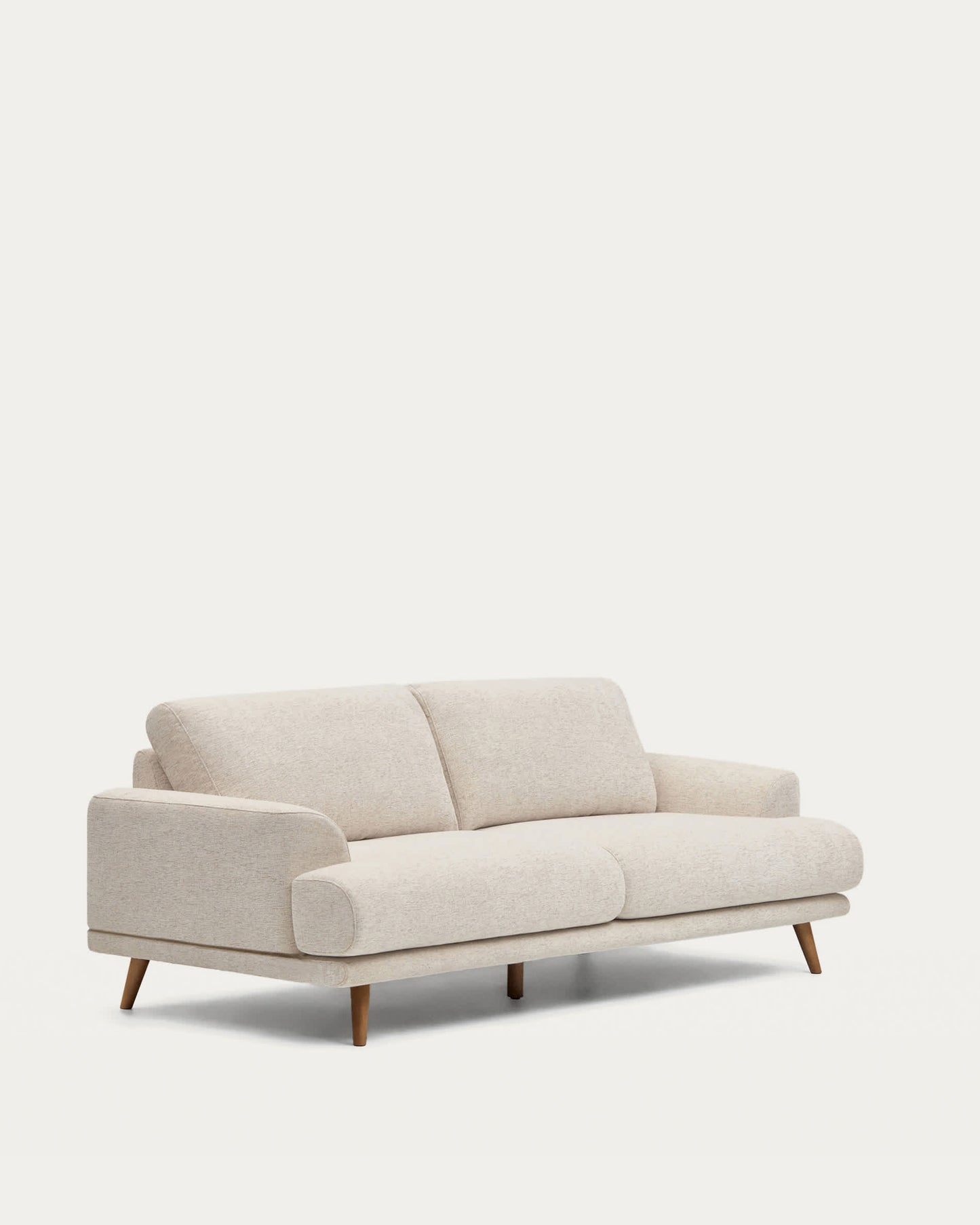 Divano Karin 2 posti in ciniglia beige con gambe in legno di faggio massiccio con finitura tono noce 210 cm