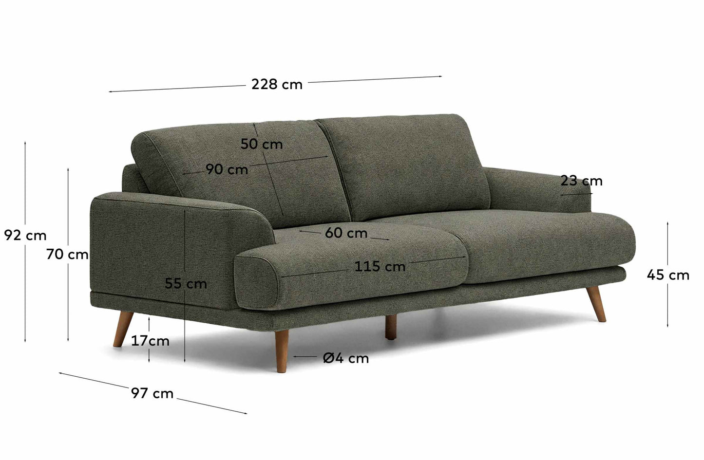 Divano Karin 3 posti in ciniglia verde scuro con gambe in legno massiccio di faggio con finitura tono noce 228 cm