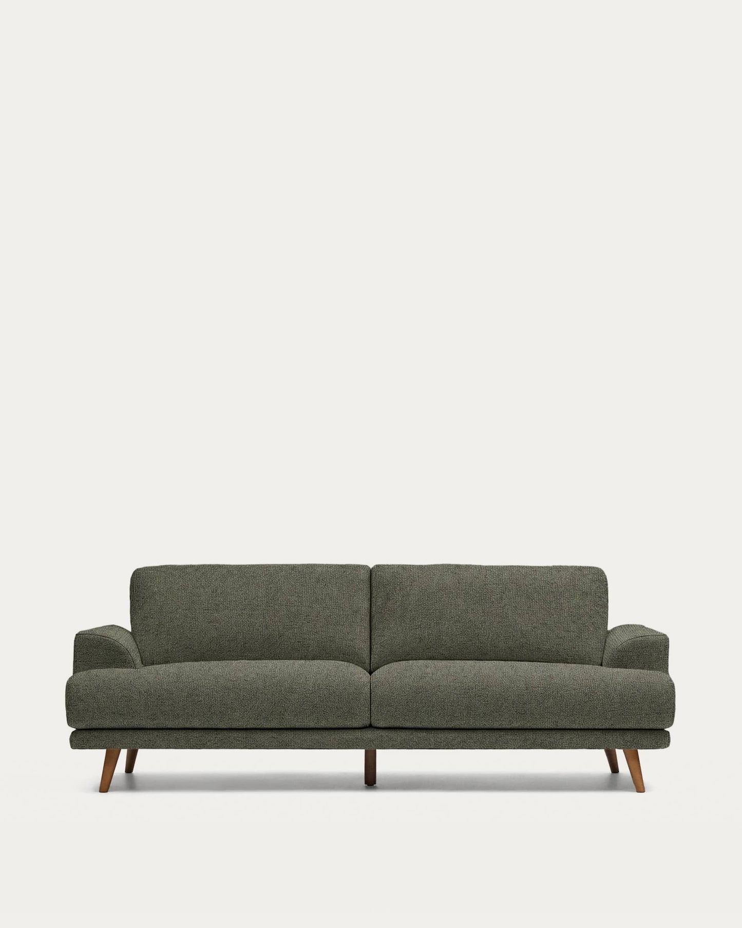 Divano Karin 3 posti in ciniglia verde scuro con gambe in legno massiccio di faggio con finitura tono noce 228 cm