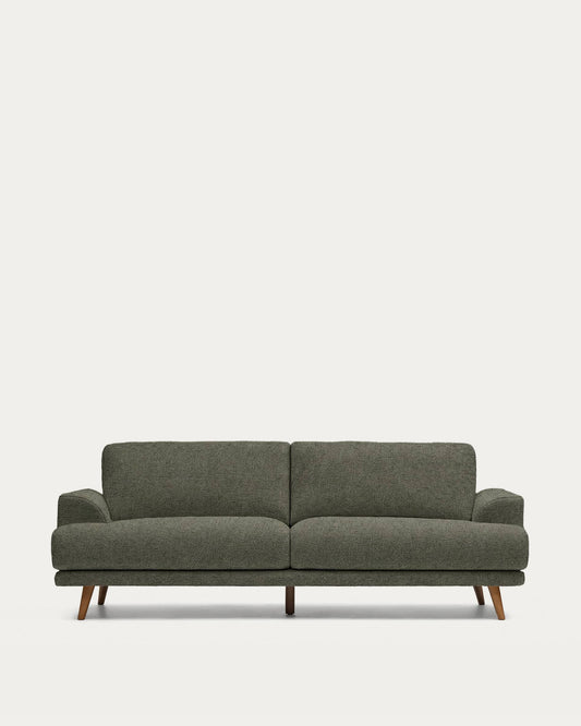 Divano Karin 3 posti in ciniglia verde scuro con gambe in legno massiccio di faggio con finitura tono noce 228 cm
