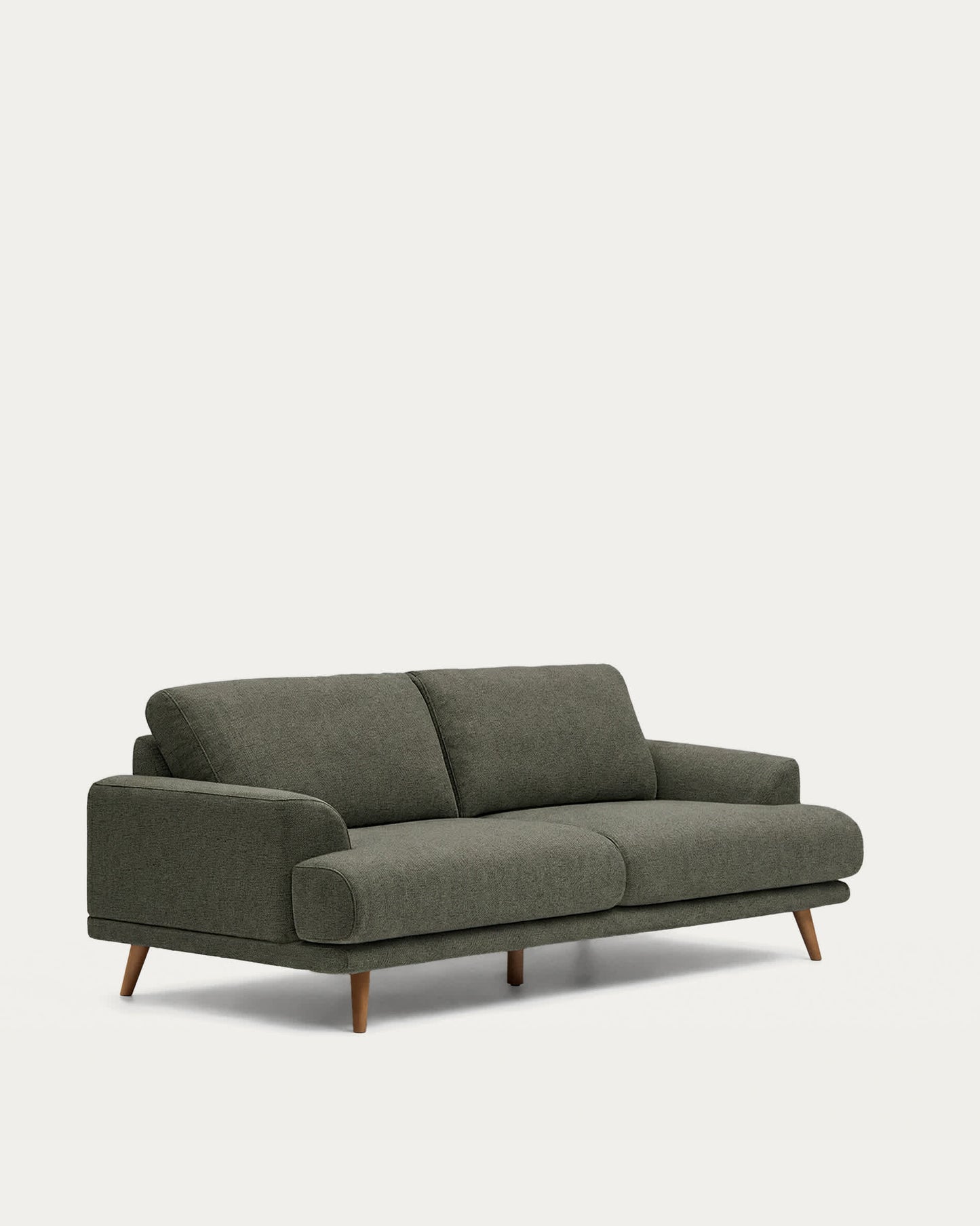 Divano Karin 3 posti in ciniglia verde scuro con gambe in legno massiccio di faggio con finitura tono noce 228 cm