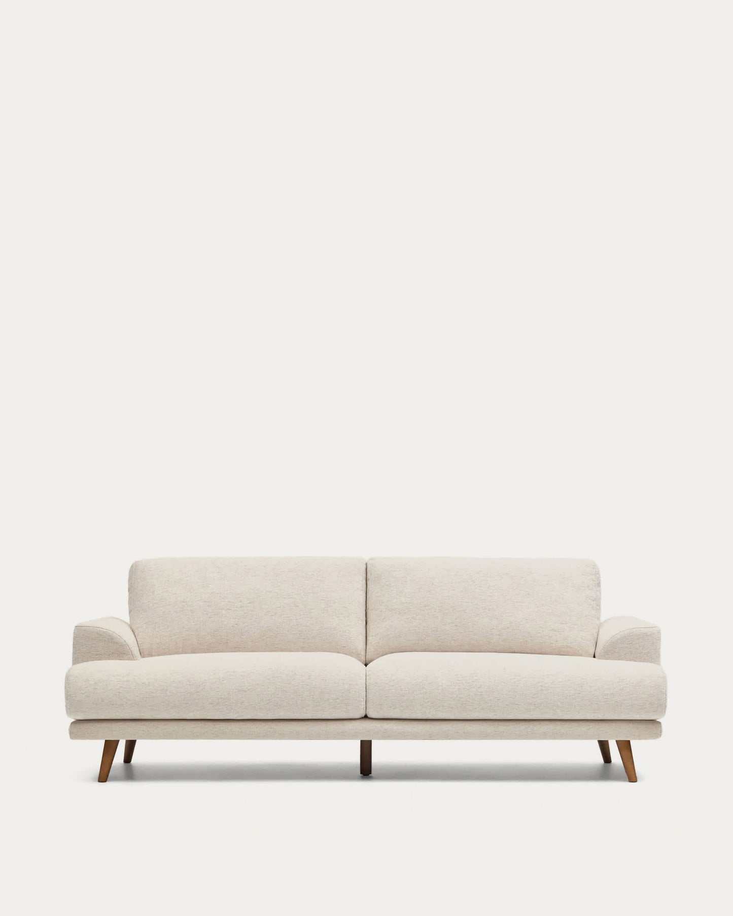 Divano Karin 3 posti beige con gambe in legno di faggio massiccio con finitura tono noce 231 cm