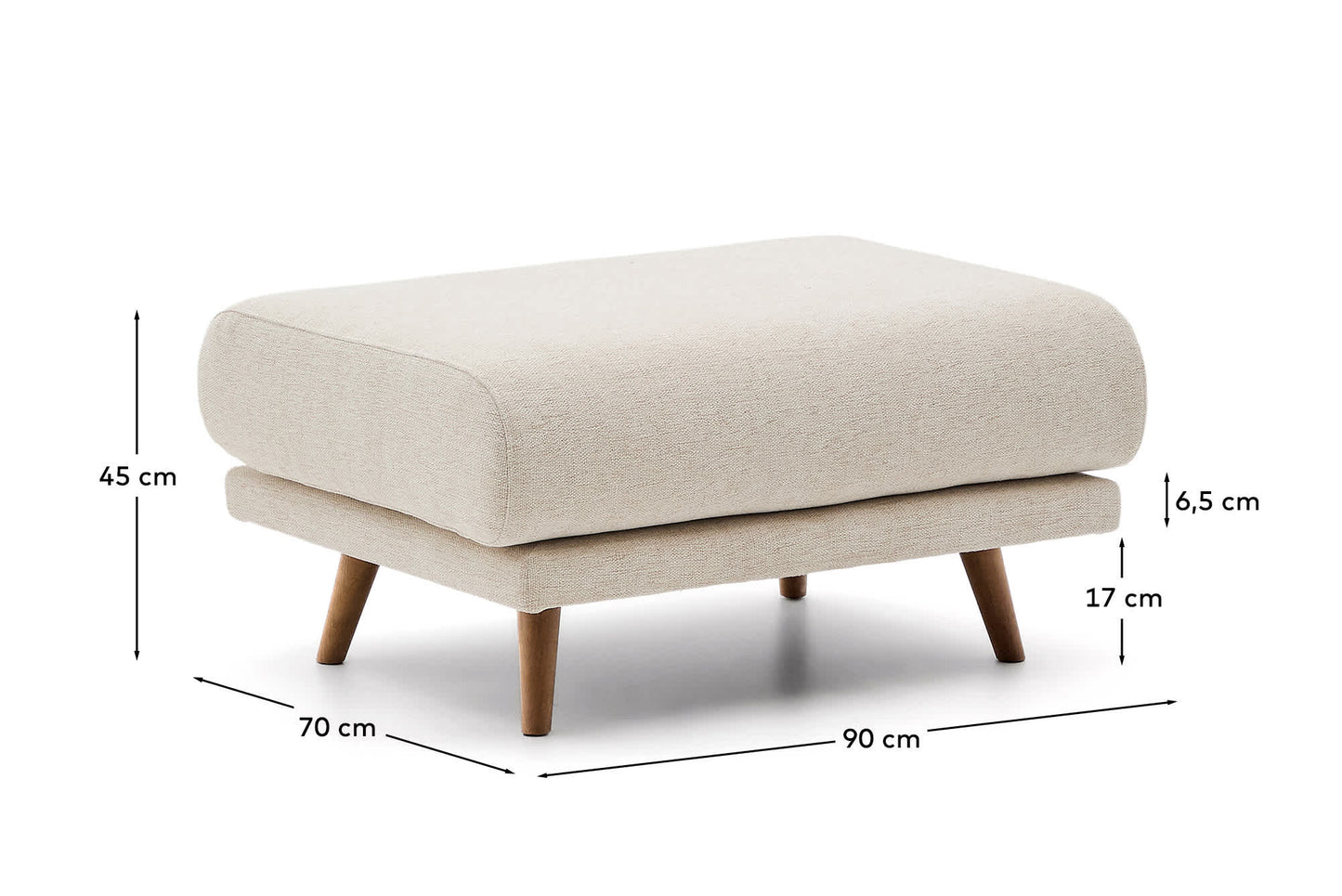 Poggiapiedi Karin in ciniglia beige con gambe in legno massiccio di faggio con finitura tono noce 90 x 70 cm