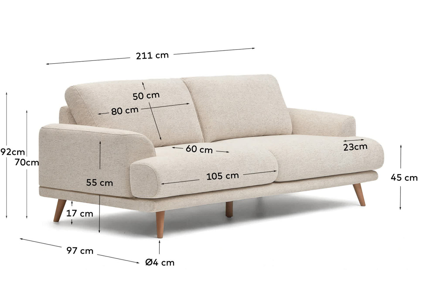 Divano Karin 2 posti in ciniglia beige con gambe in legno di faggio massiccio 211 cm