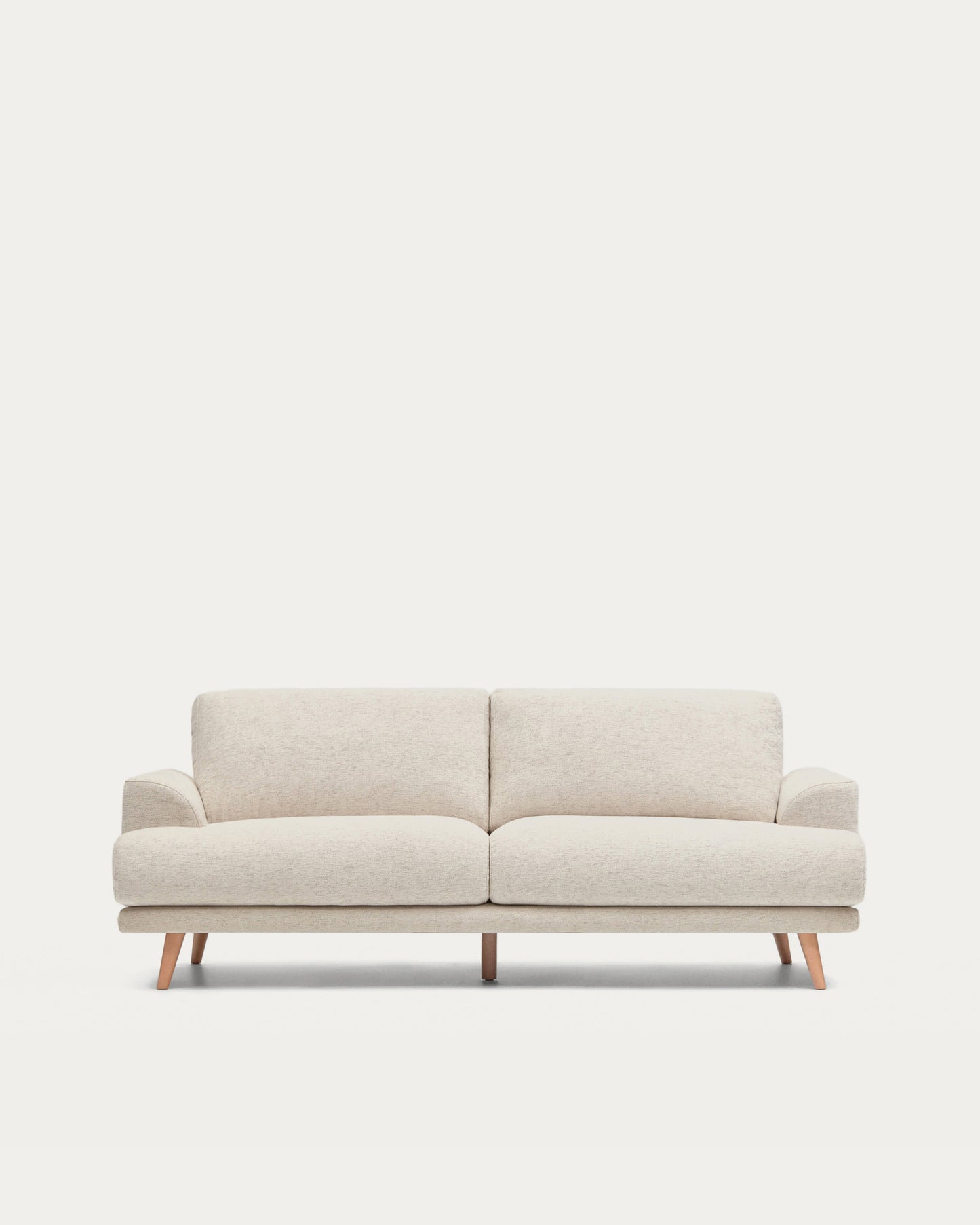 Divano Karin 2 posti in ciniglia beige con gambe in legno di faggio massiccio 211 cm