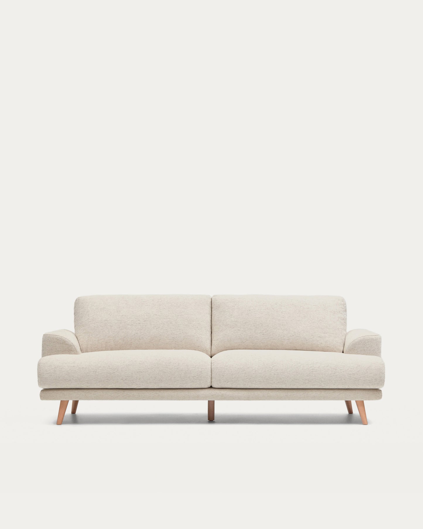 Divano Karin 3 posti beige con gambe in legno di faggio massiccio 228 cm