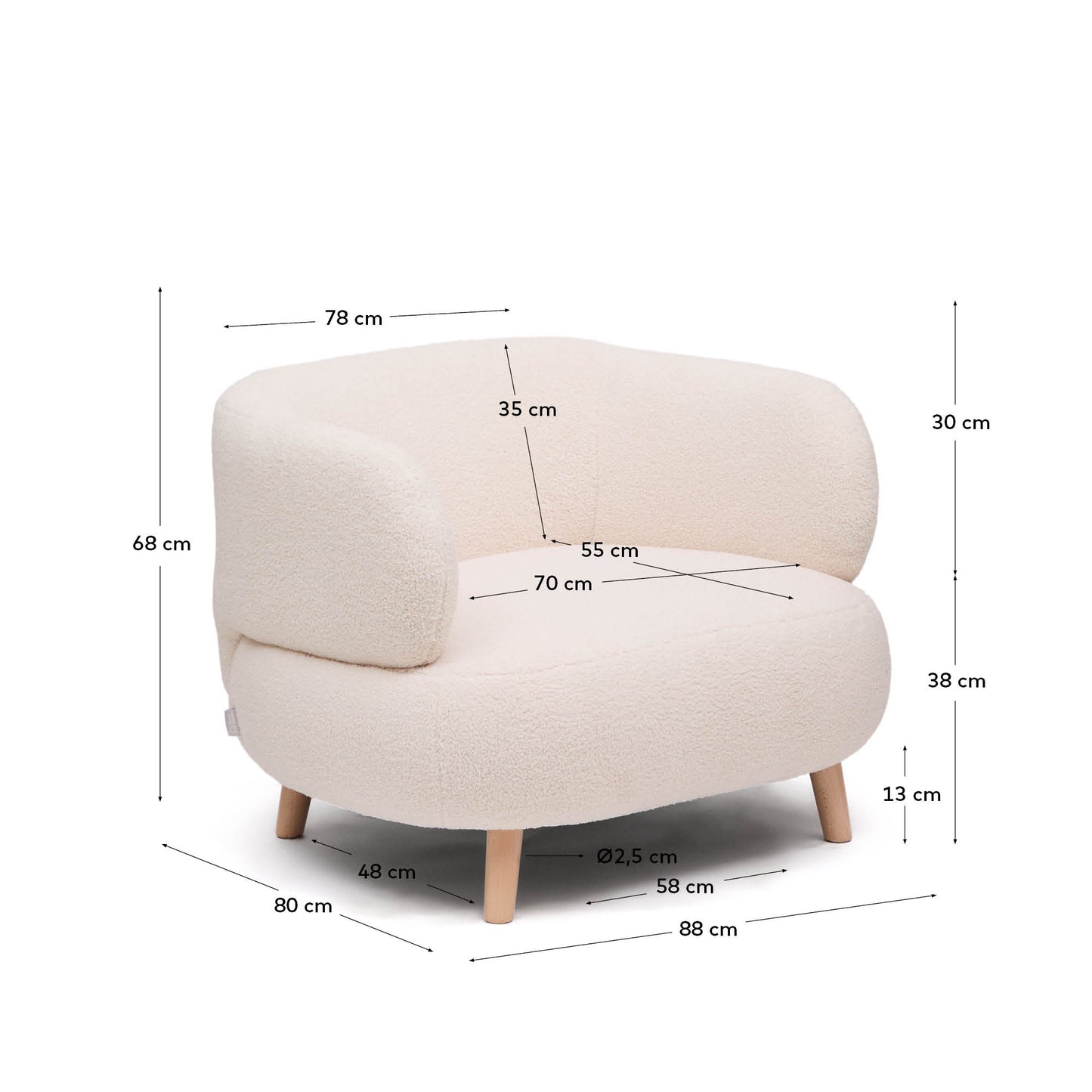 Poltrona Luisa in tessuto bouclé écru in legno massiccio di faggio 90 cm