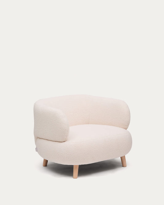 Poltrona Luisa in tessuto bouclé écru in legno massiccio di faggio 90 cm