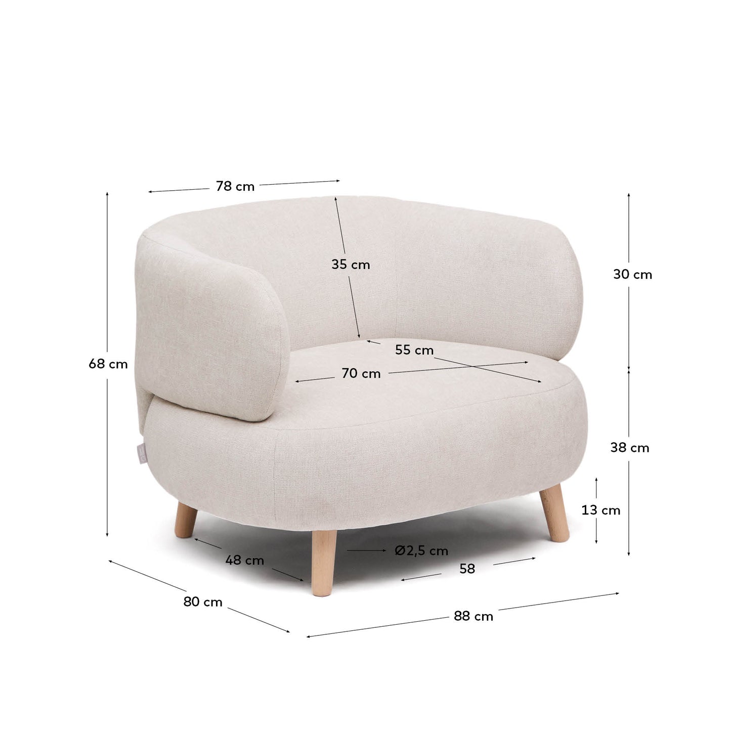 Poltrona Luisa in tessuto di ciniglia perla in legno massiccio di faggio 90 cm
