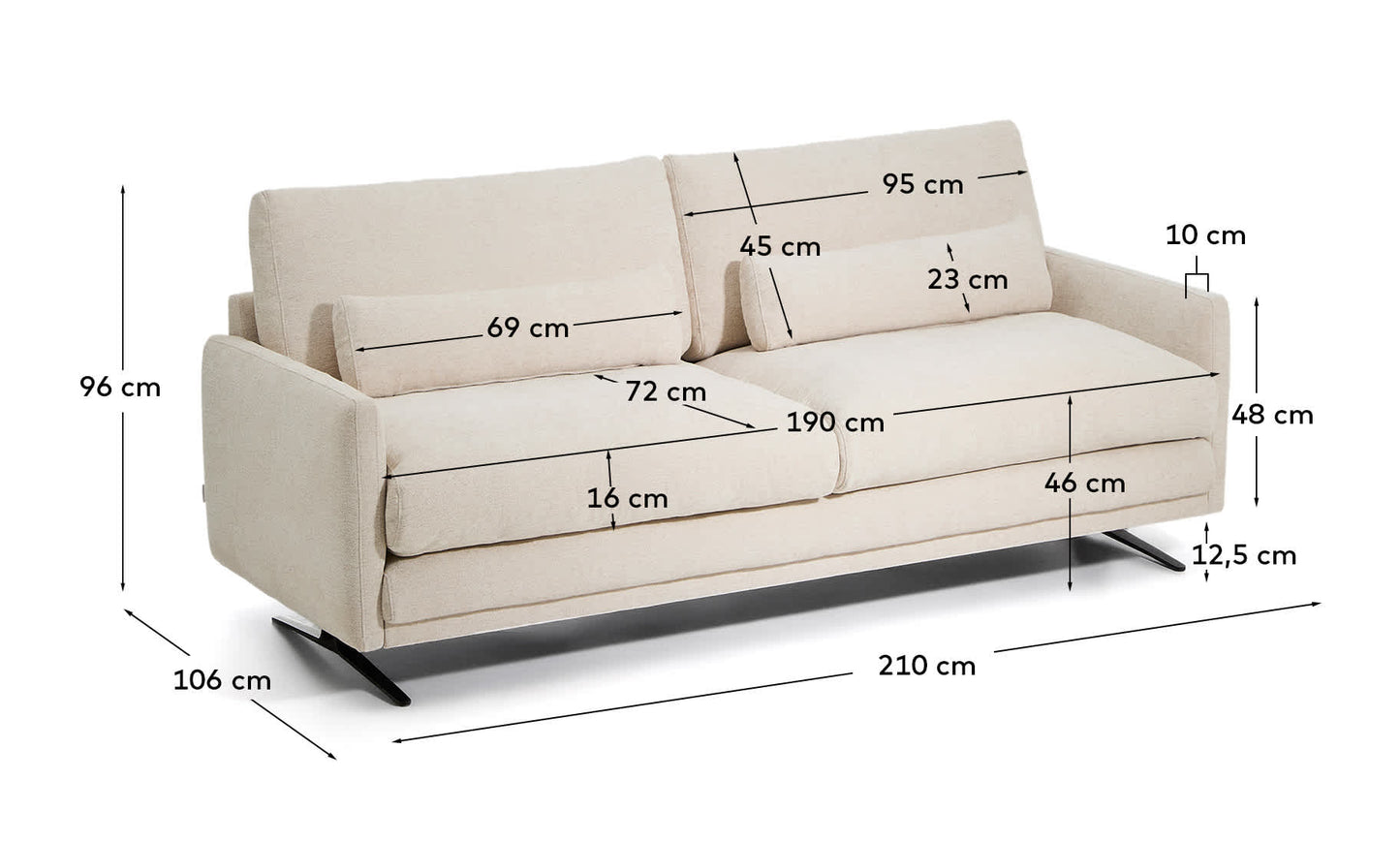 Divano Veliro 2 posti in ciniglia beige con gambe in acciaio nero 210 cm FSC Mix Credito